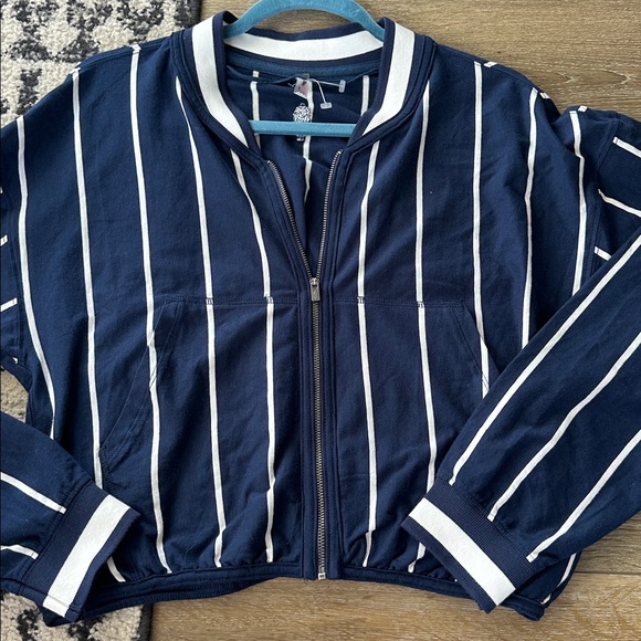 NWOT Free People Off Duty Set in navy pinstripe